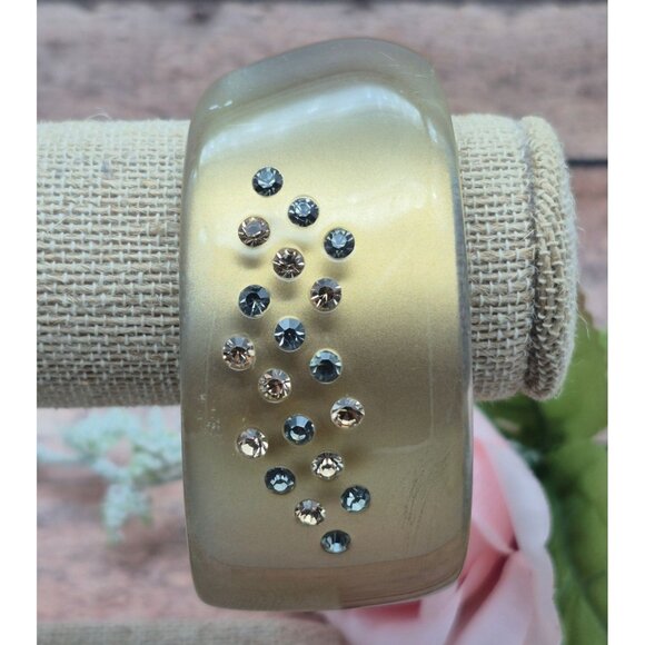 Vintage Asymmetrical Gold Brown Chunky Wide Lucite Bangle Bracelet Rhinestones - Picture 8 of 8